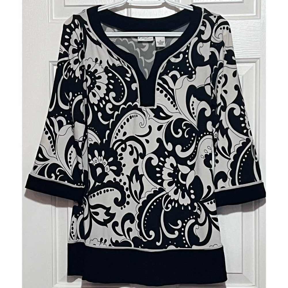 Kim Rogers Women's Black White Printed V-Neck 3/4 Sleeve Length Blouse Size M‎